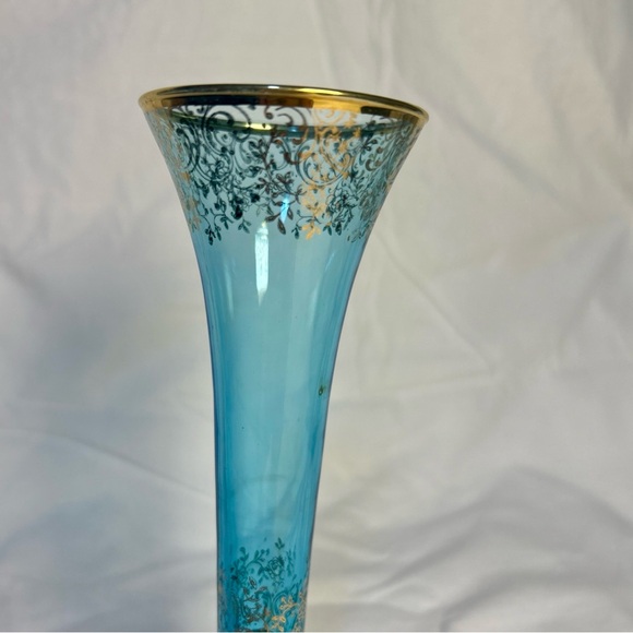 🔹 Vintage VR Crystal Vase Blue Clear Gold Rim 8” West Germany Label - Picture 3 of 10